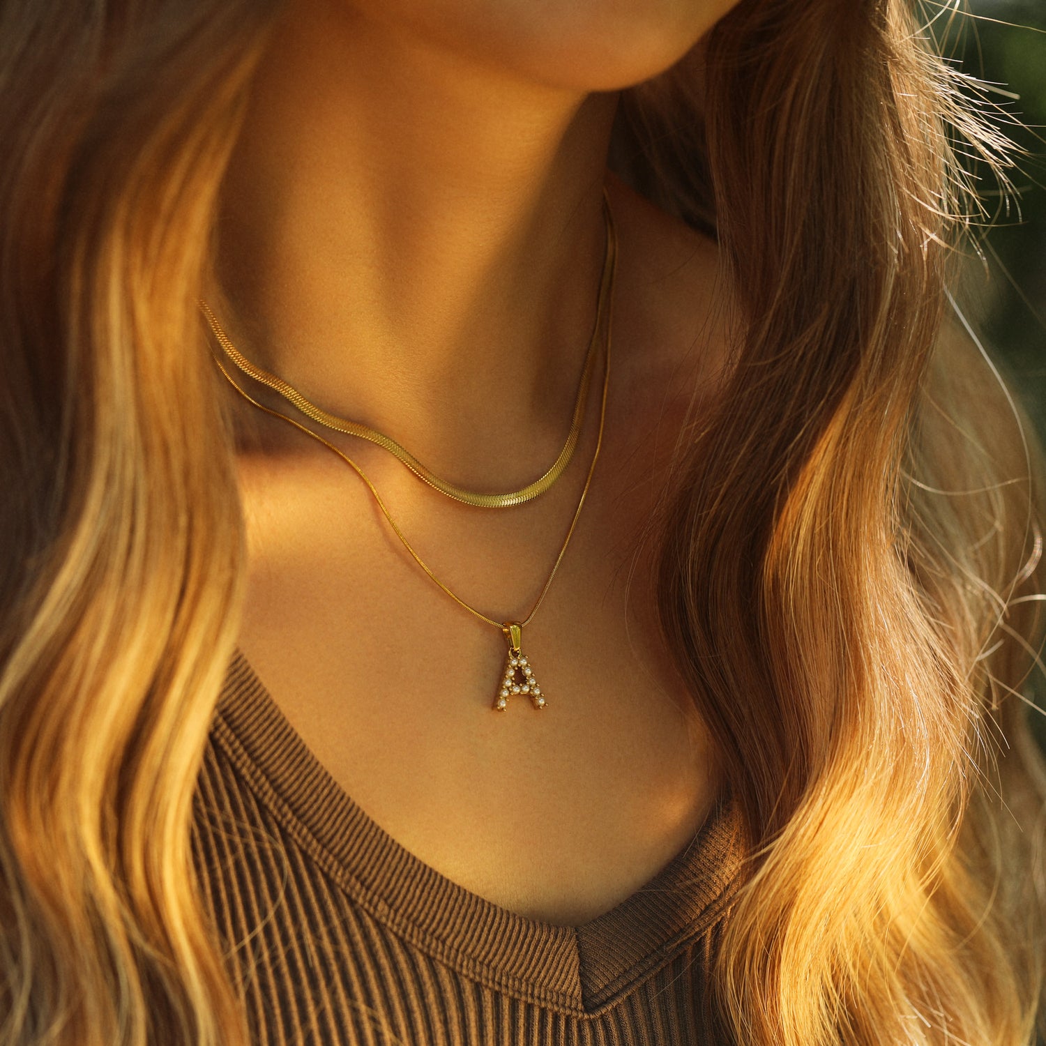 Double-Layer Snakebone Pearl Initial Necklace