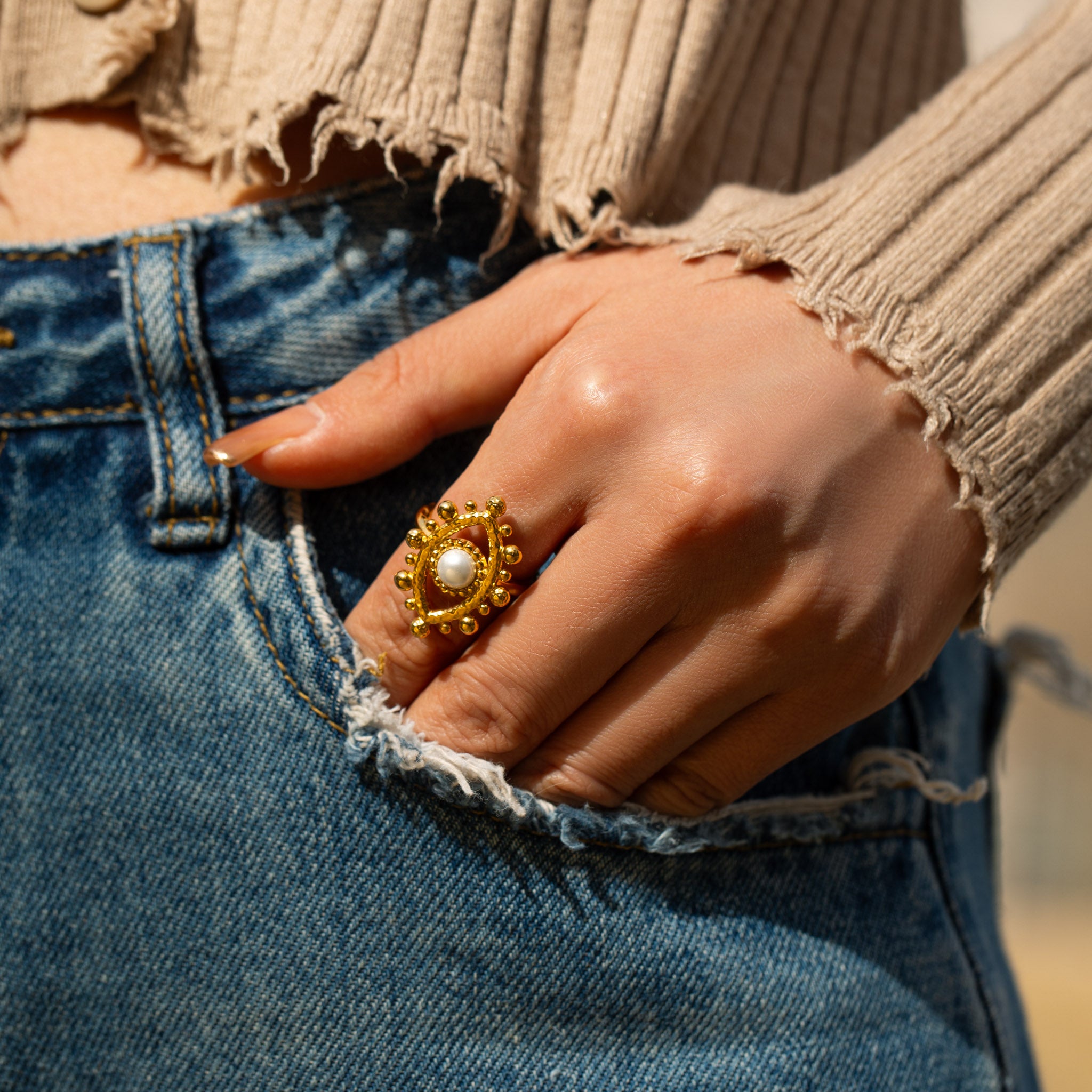 Evil Eye Baroque Pearl Ring