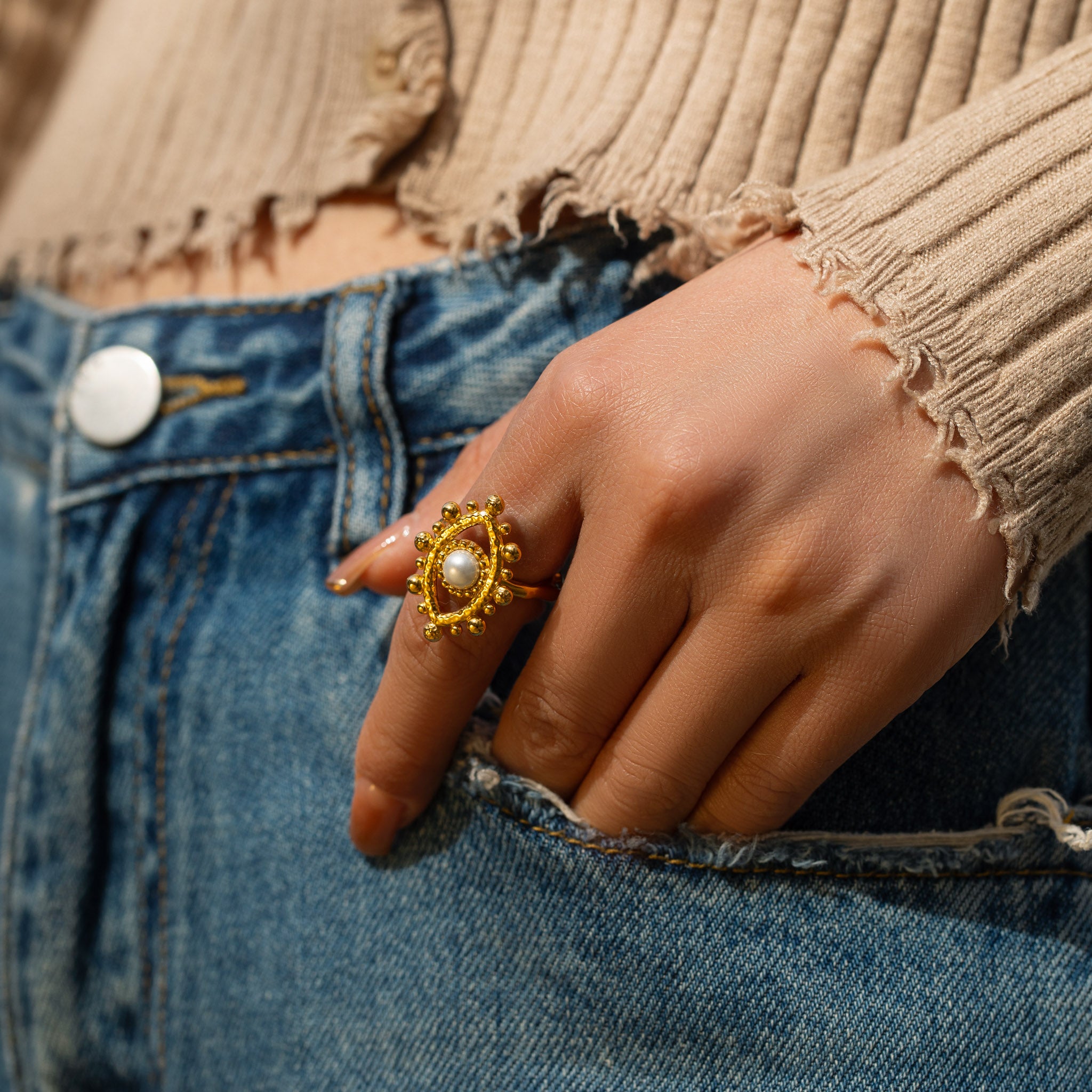 Evil Eye Baroque Pearl Ring