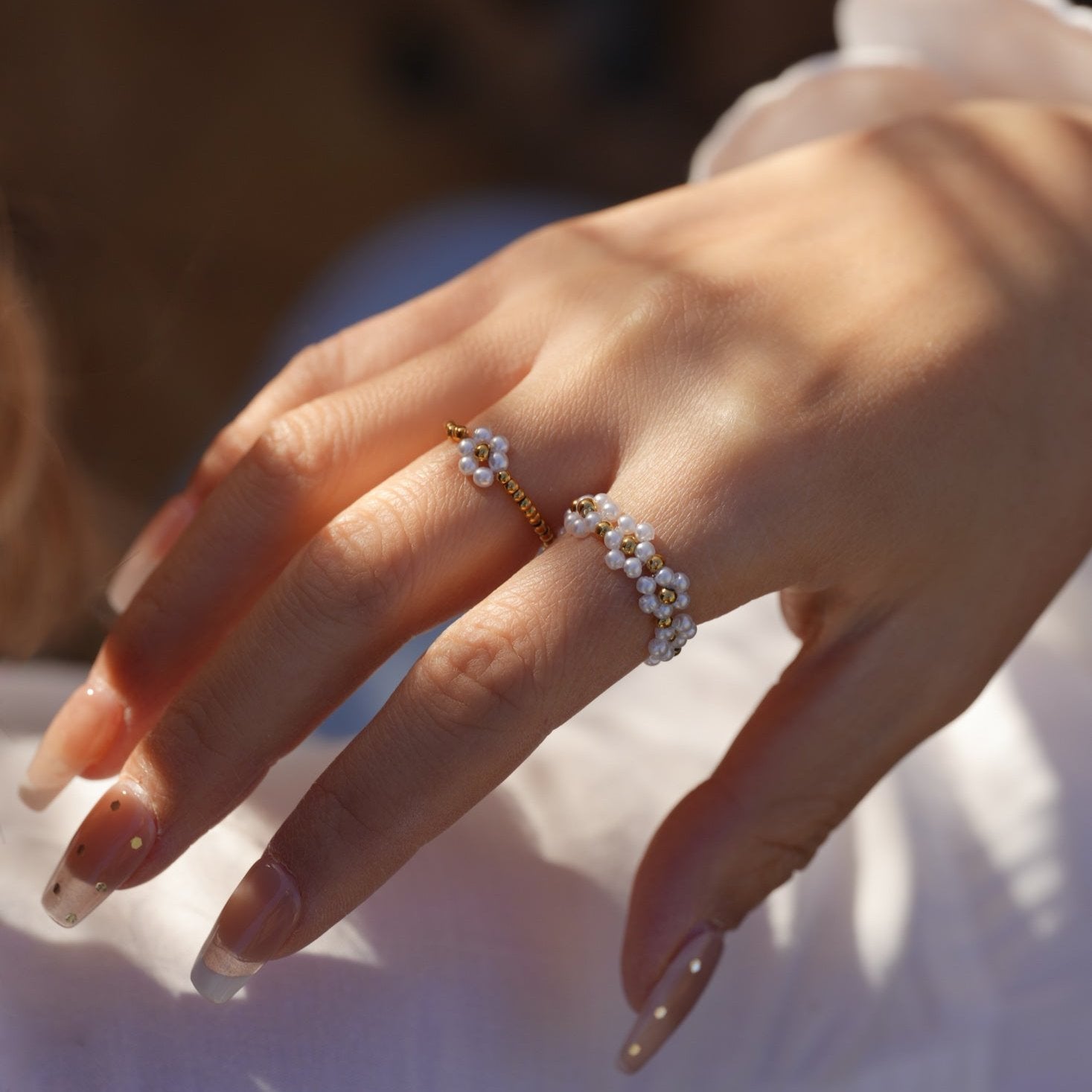 Pearl &amp; Flower Stackable Ring Set