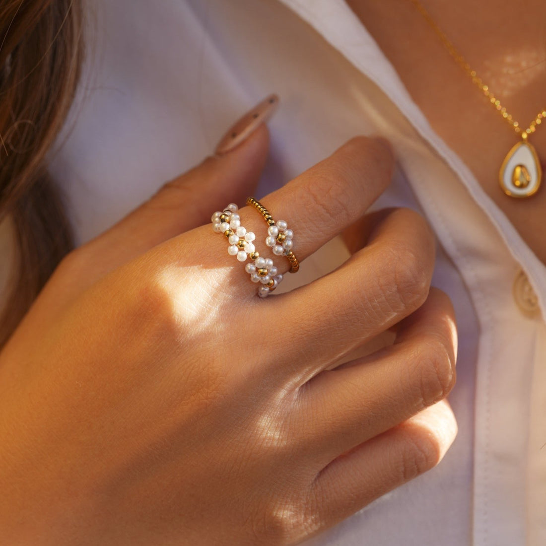 Pearl &amp; Flower Stackable Ring Set