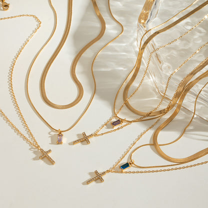 Triple-Layered Cross Necklace with Birthstones