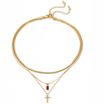 Triple-Layered Cross Necklace with Birthstones