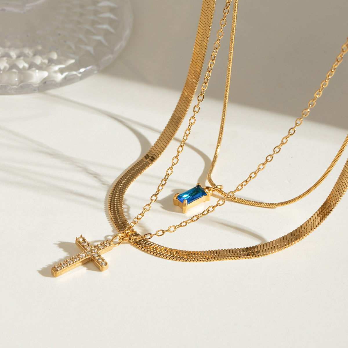 Triple-Layered Cross Necklace with Birthstones