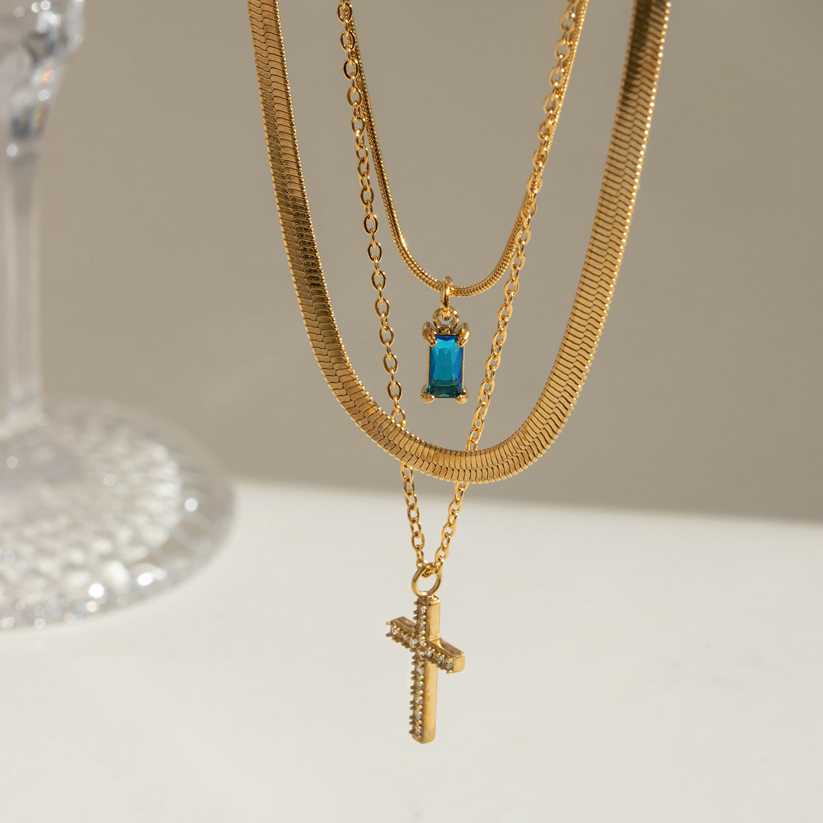 Triple-Layered Cross Necklace with Birthstones