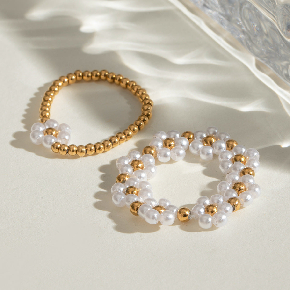 Pearl &amp; Flower Stackable Ring Set